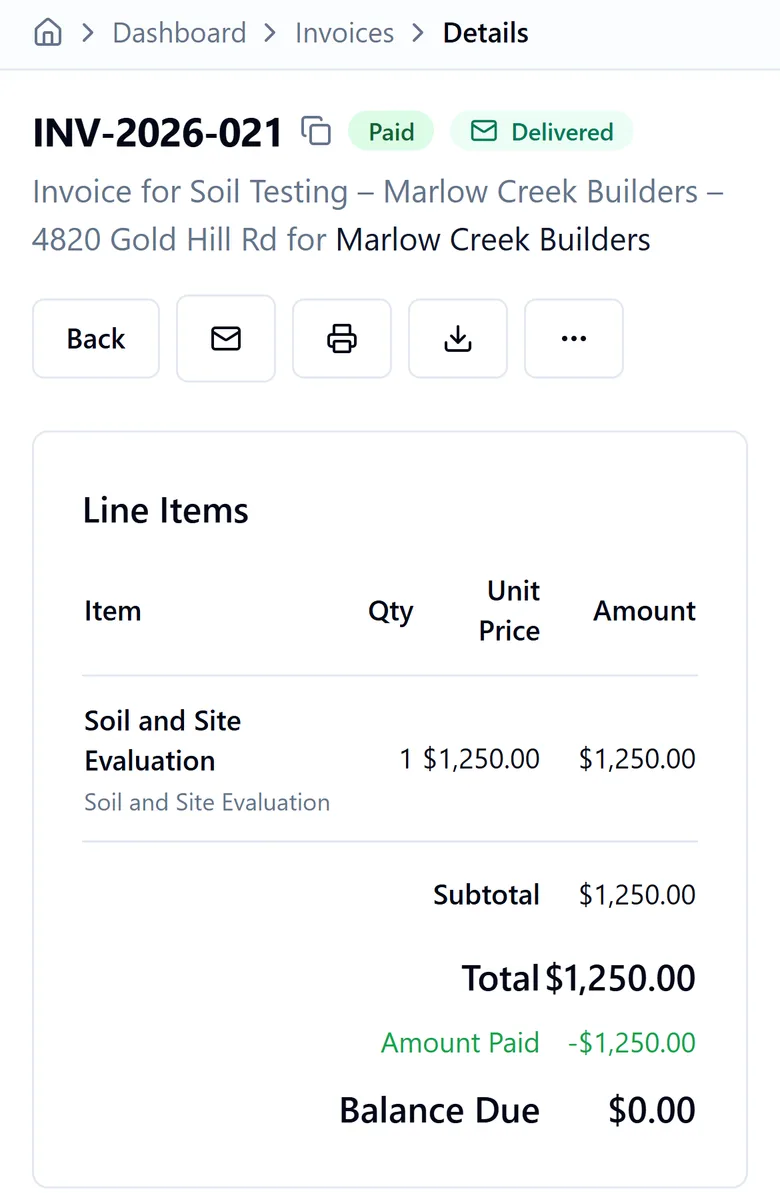 A paid ServGround invoice for a soil and site evaluation, shown on a phone, with a balance due of zero