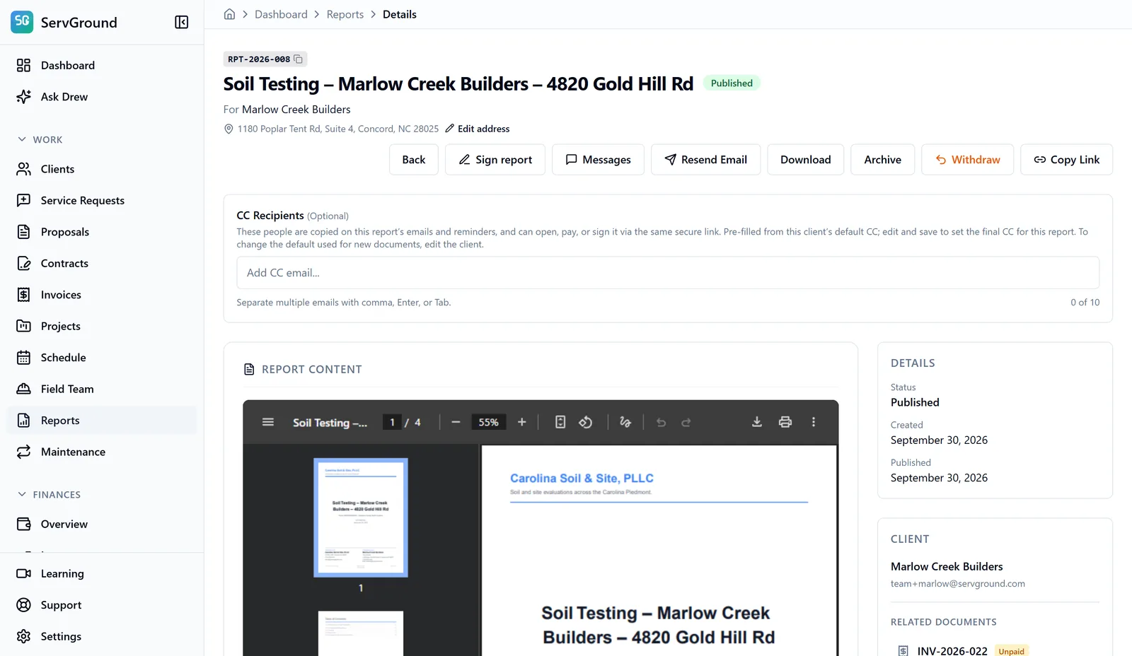 A published soil testing report with the PDF preview and delivery actions